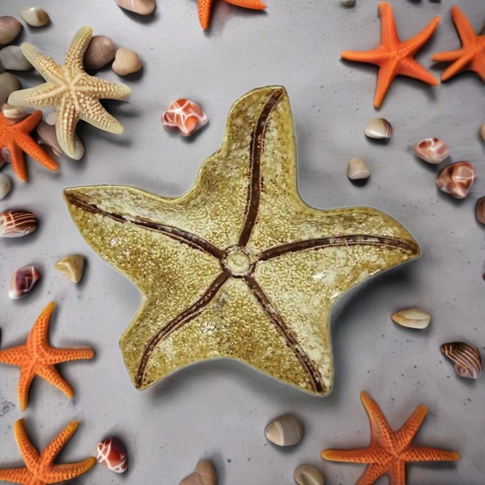 Rustic Starfish Pottery Jewelry Dish in Earth Tones, warm brown and beige glaze